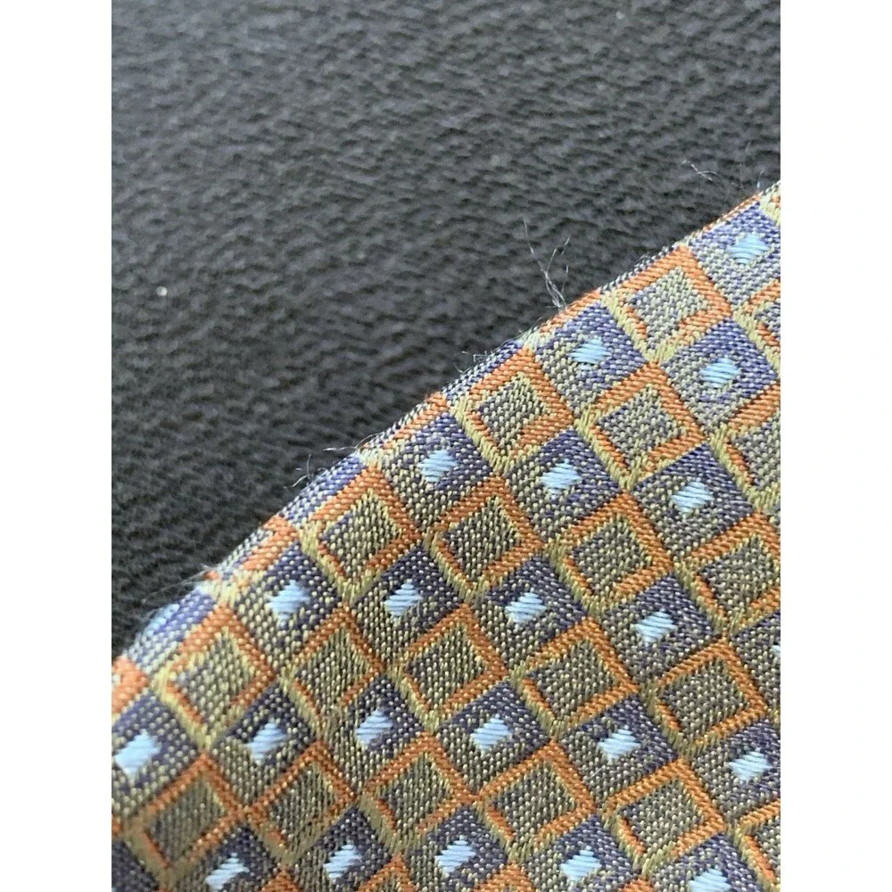 Vtg Y2K Pronto Uomo Handmade Silk Neck Tie Mens Textured Brown Blue Square Tech